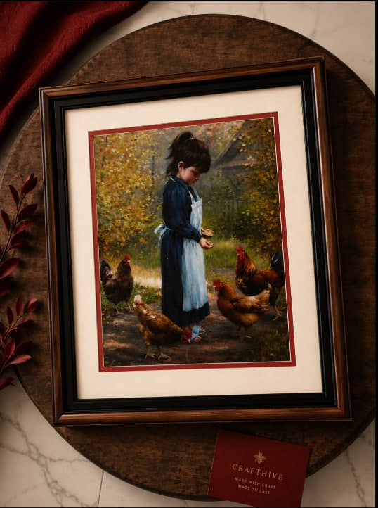 Artistic painting of girl and chickens in premium custom frame