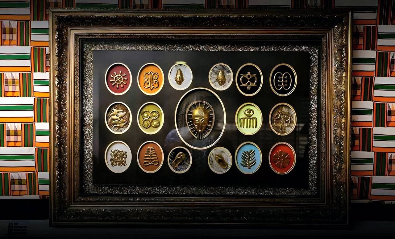 Traditional African symbolic artwork framed in deep shadow box